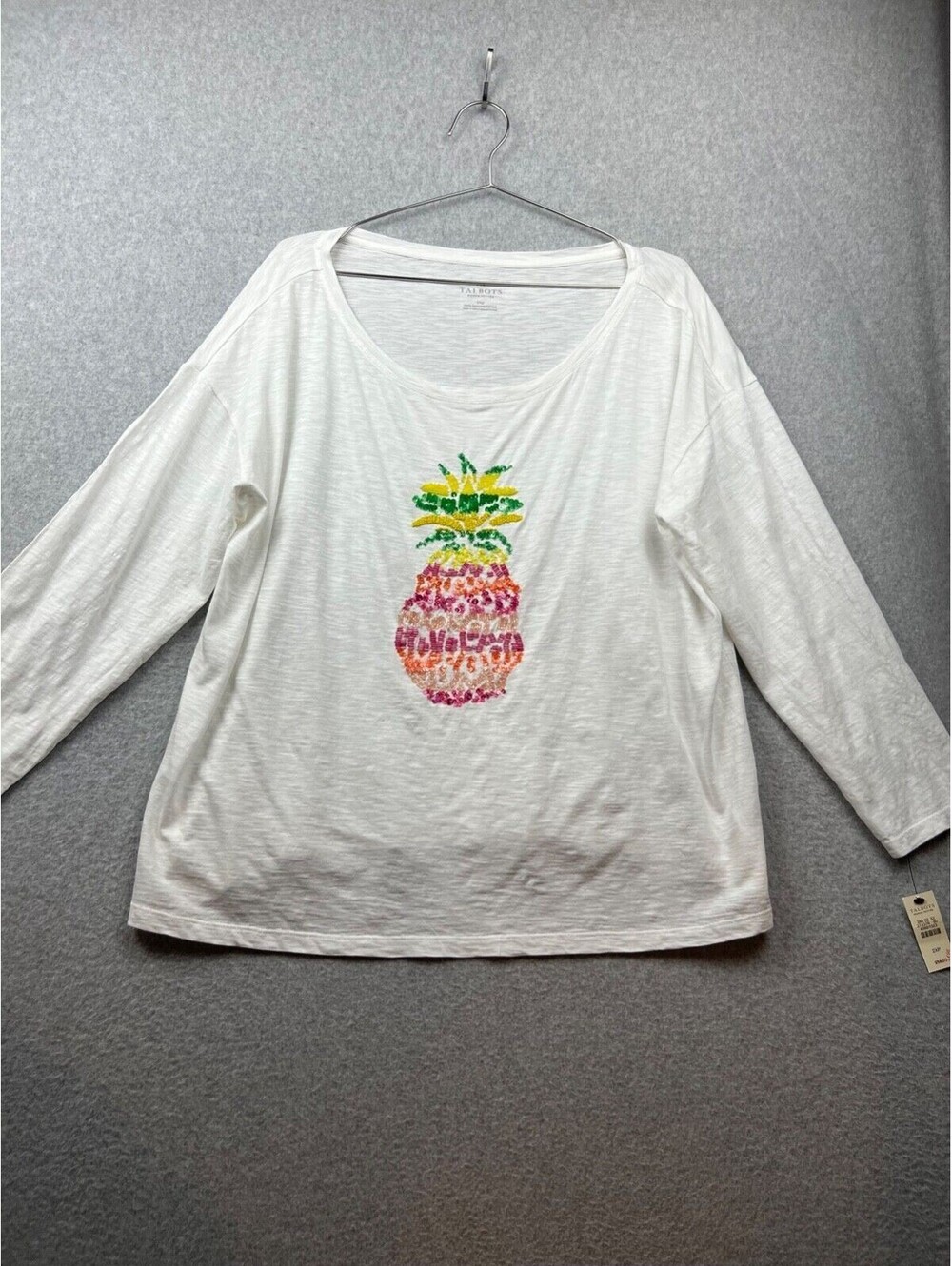 Talbots Coastal beaded Pineapple T Shirt Womens Plus Petite 2XP Long Sleeve